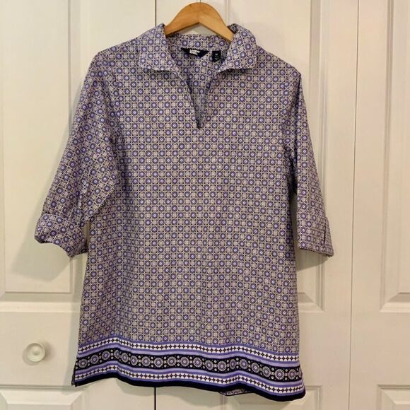 Lands’ End Purple Print Collared Split Neck Cotton Tunic Top Medium - Picture 1 of 10